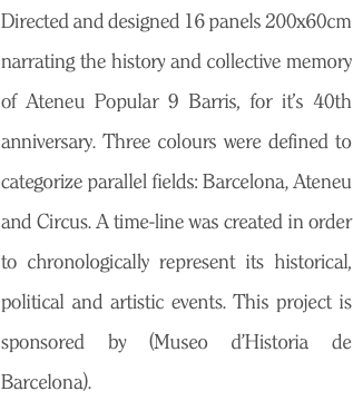 Directed and designed 16 panels 200x60cm narrating the history and collective memory of Ateneu Popular 9 Barris, for it’s 40th anniversary. Three colours were defined to categorize parallel fields: Barcelona, Ateneu and Circus. A time-line was created in order to chronologically represent its historical, political and artistic events. This project is sponsored by (Museo d’Historia de Barcelona).
